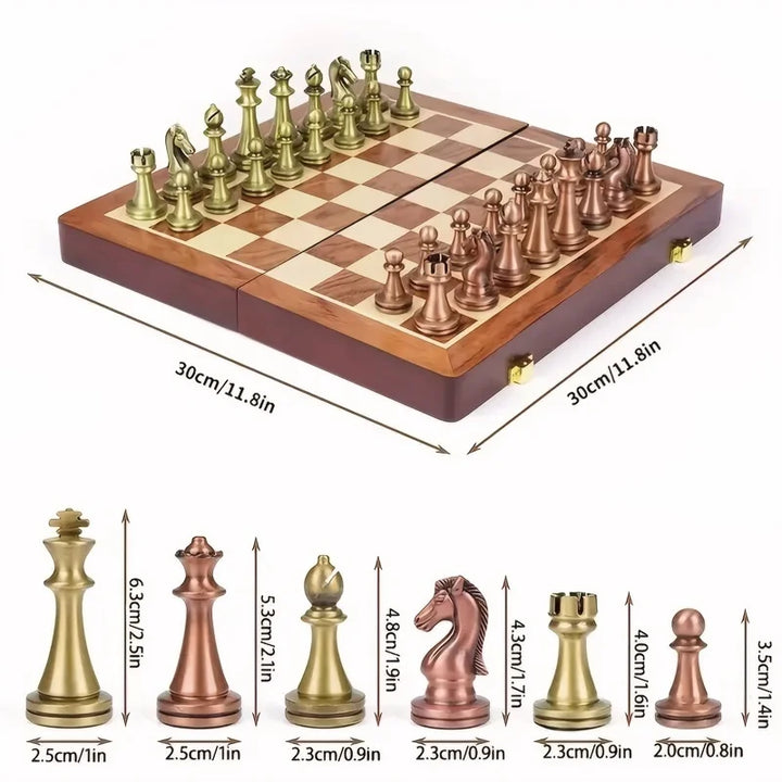 Chess Set High End 30cm/11.8inch Antique Bronze Foldable Solid Wood Box