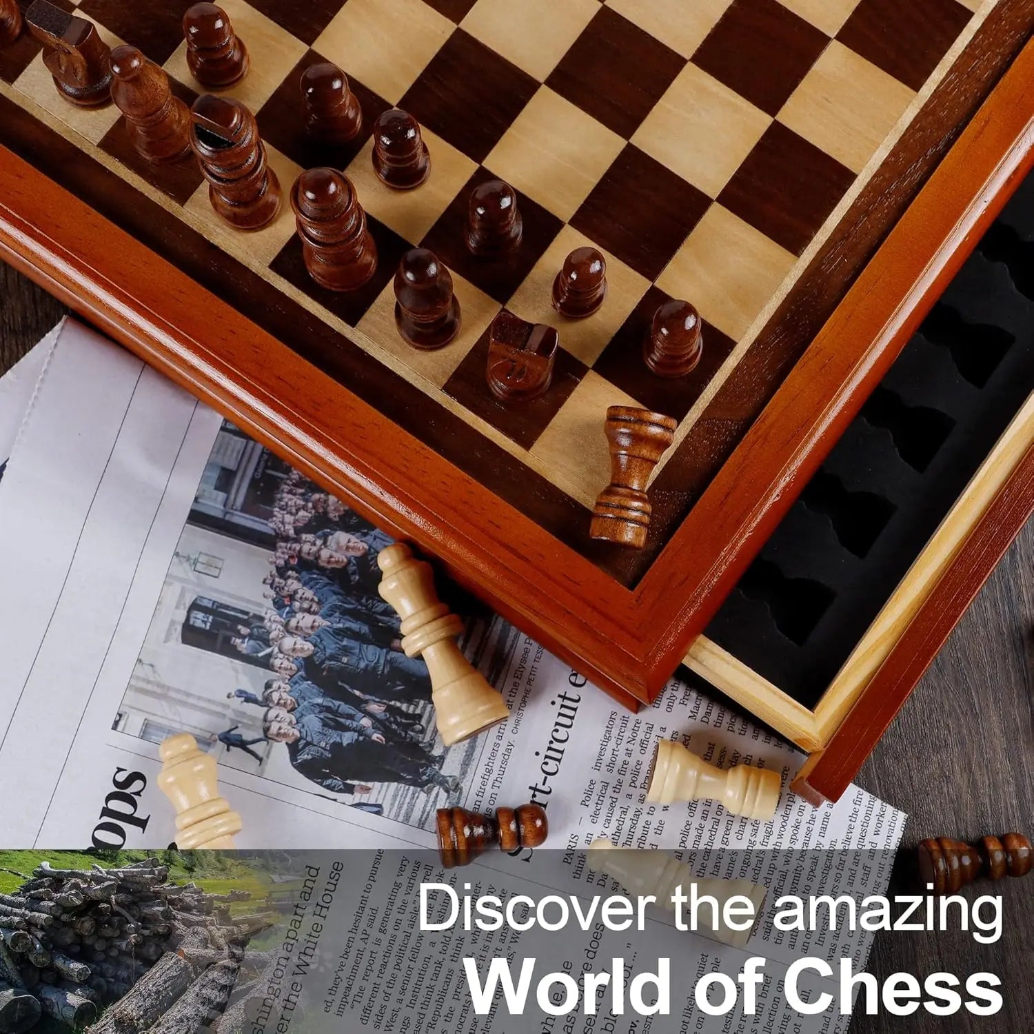 12.8'' Magnetic Wooden Chess Set / 2 Built-in Storage Drawers