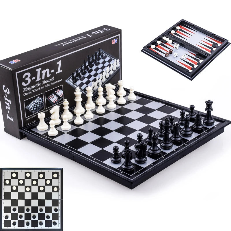 Foldable Magnetic Chess 25CM Checkers Backgammon Game Board 3-in-1