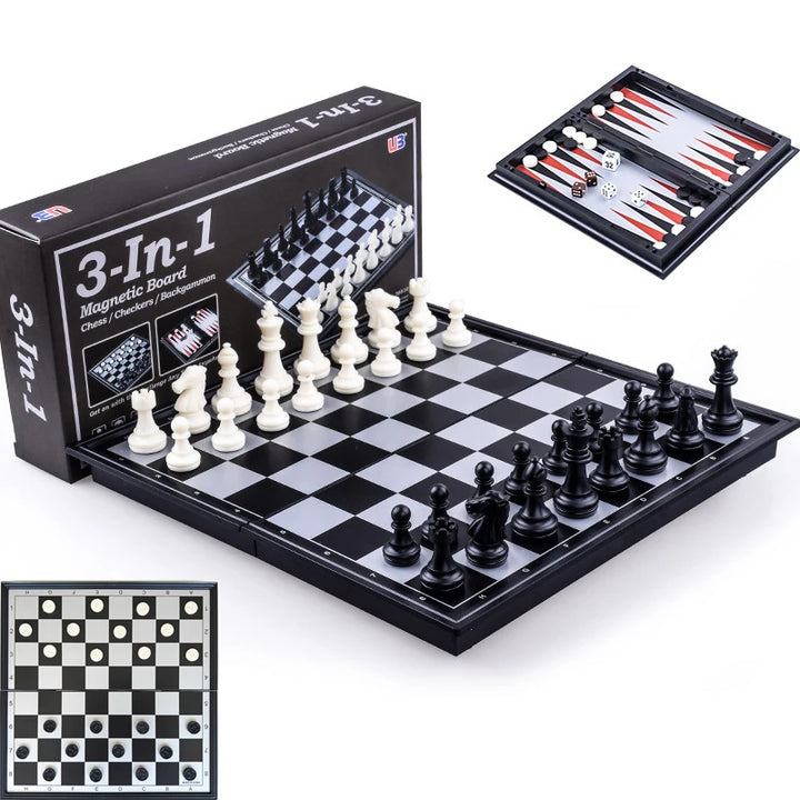 Foldable Magnetic Chess 25CM Checkers Backgammon Game Board 3-in-1