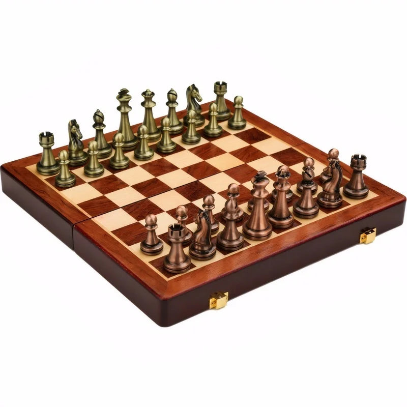 Chess Set High End 30cm/11.8inch Antique Bronze Foldable Solid Wood Box