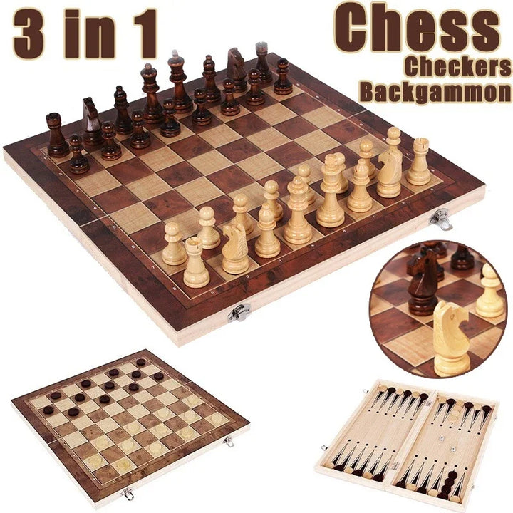 New Design 3 in 1 Wooden Chess Backgammon Checkers Travel