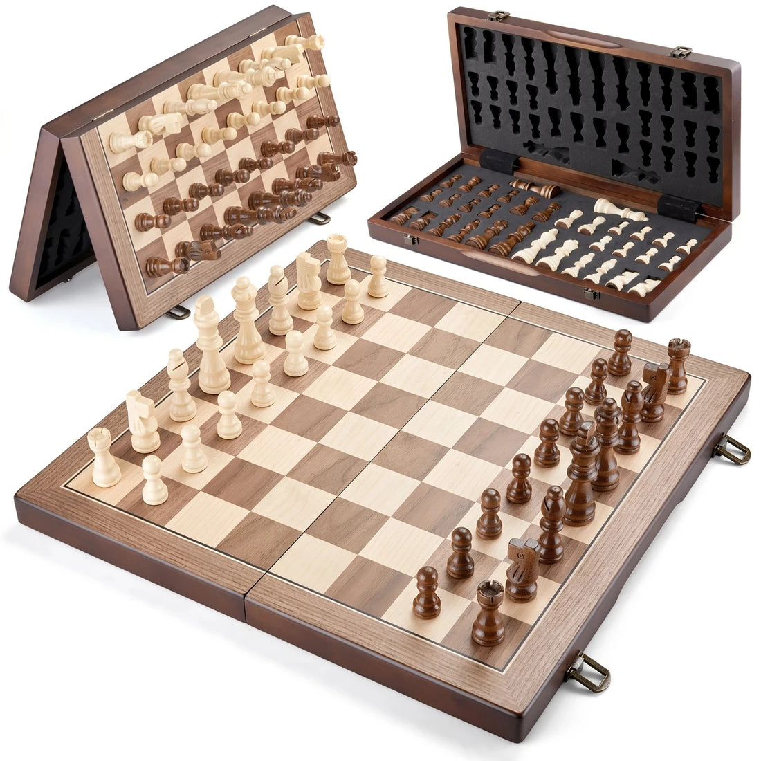 39.37cm/15.5inch magnetic wooden chess set with 2 additional queens, folding portable travel board, suitable for tournament
