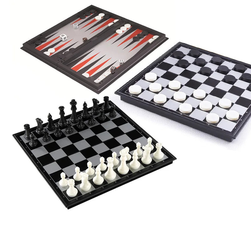 Foldable Magnetic Chess 25CM Checkers Backgammon Game Board 3-in-1