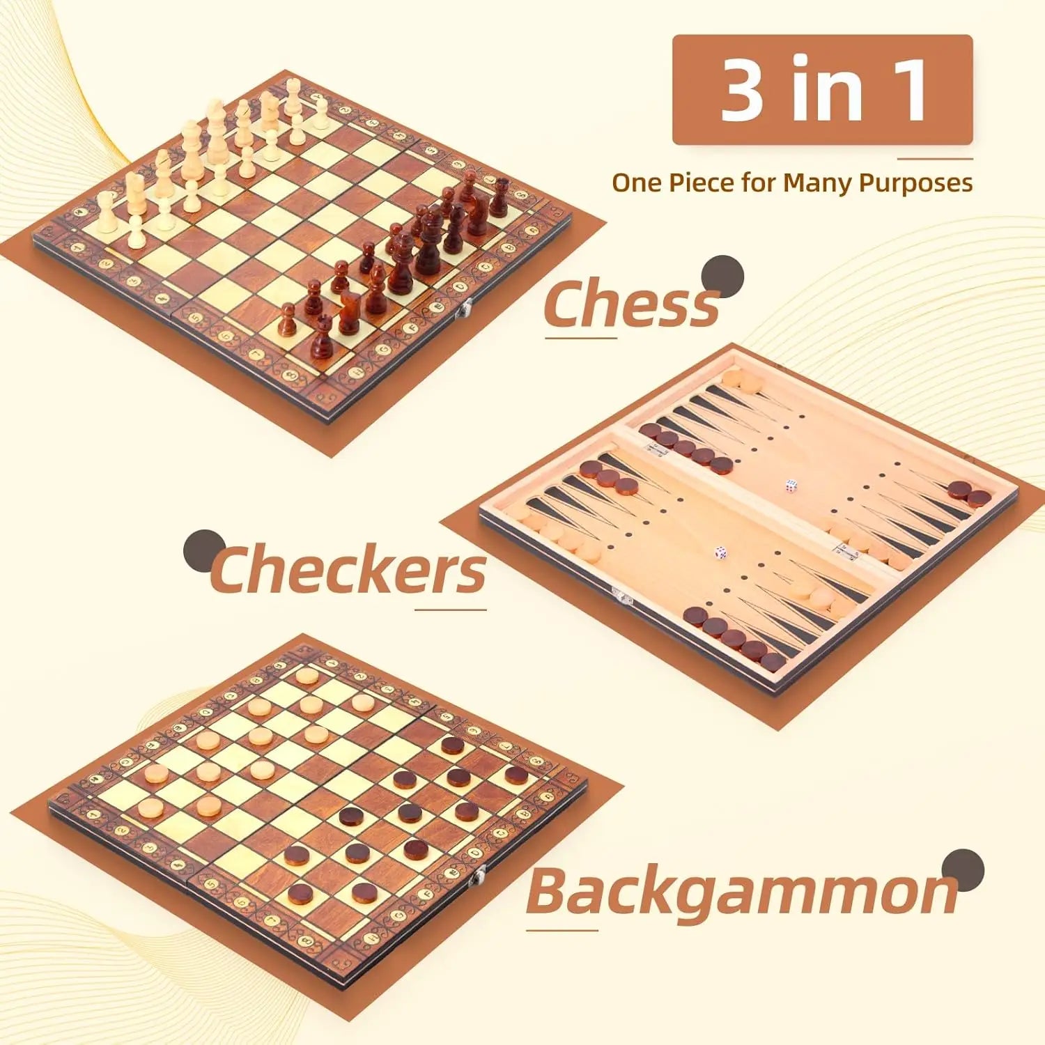 Chess Magnetic Backgammon Checkers Set Foldable Board Game 3-in-1