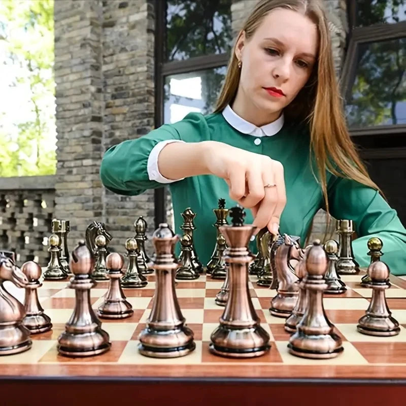 Chess Set High End 30cm/11.8inch Antique Bronze Foldable Solid Wood Box