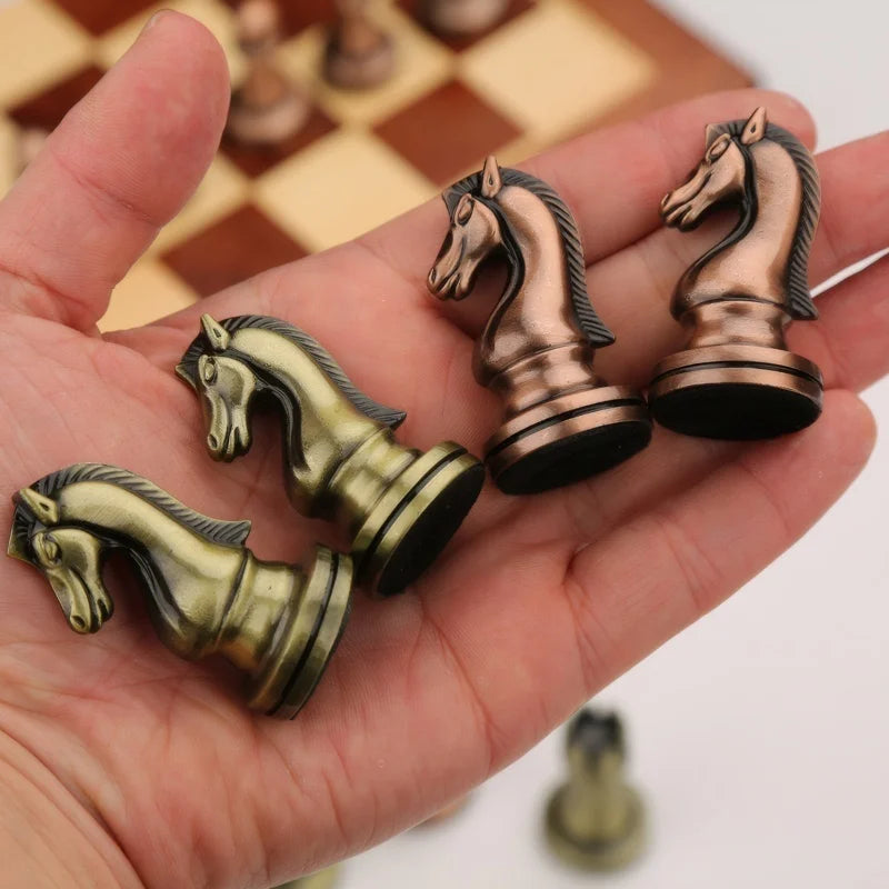Chess Set High End 30cm/11.8inch Antique Bronze Foldable Solid Wood Box