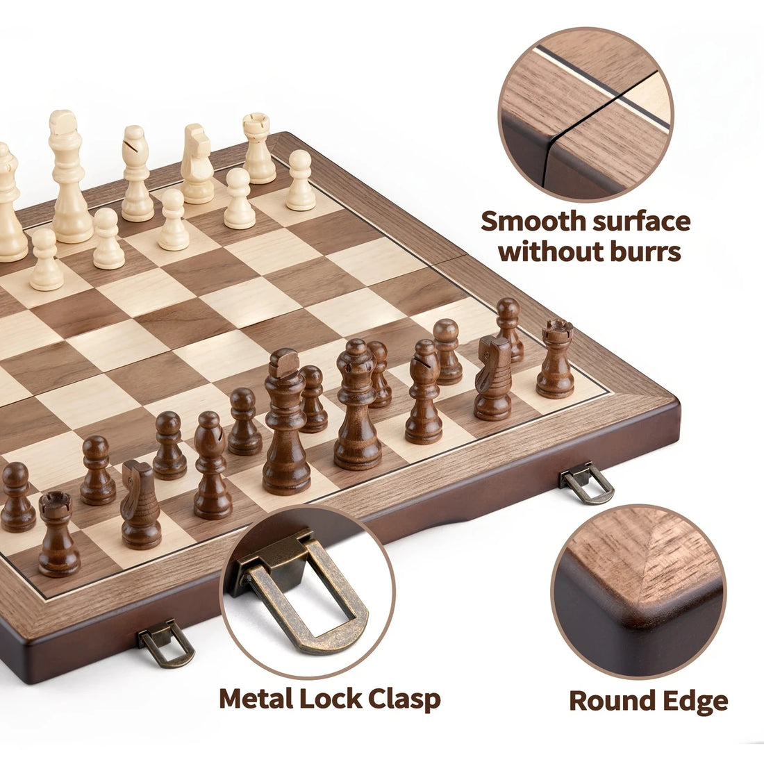 39.37cm/15.5inch magnetic wooden chess set with 2 additional queens, folding portable travel board, suitable for tournament