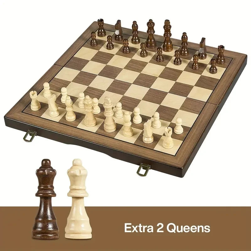 39.3cm/15.47inch magnetic wooden chess set with 2 additional queens