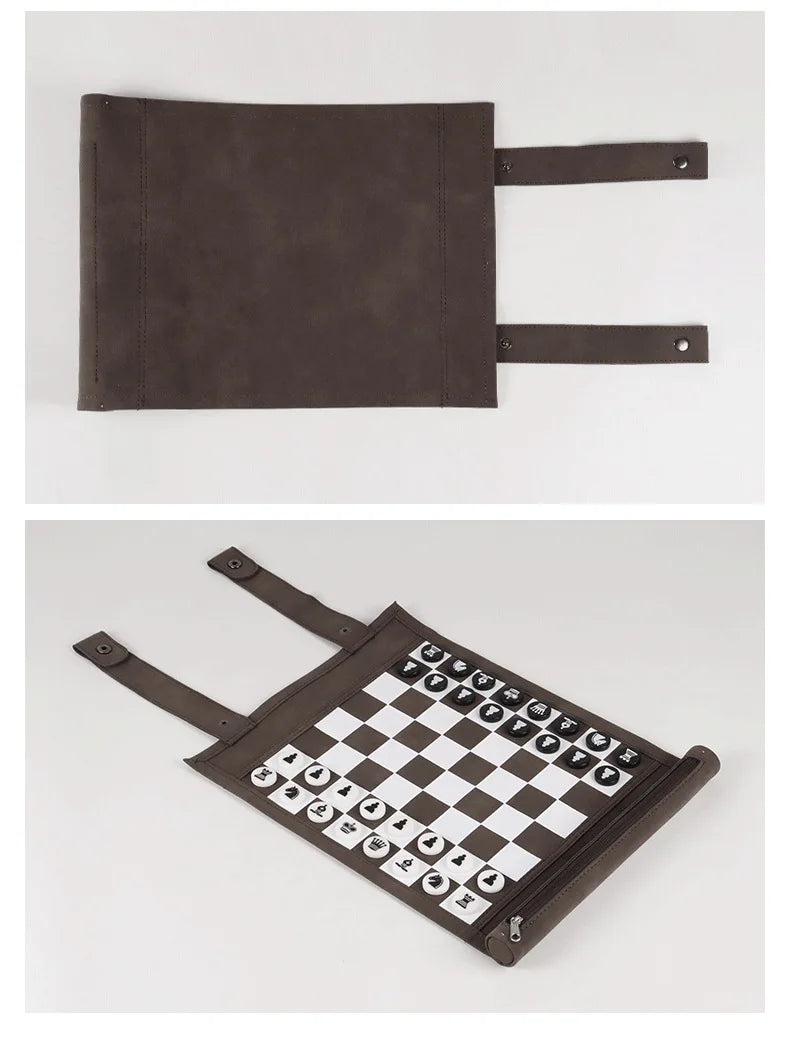 Backgammon Set PU Leather Roll-up Board with Chess Pieces
