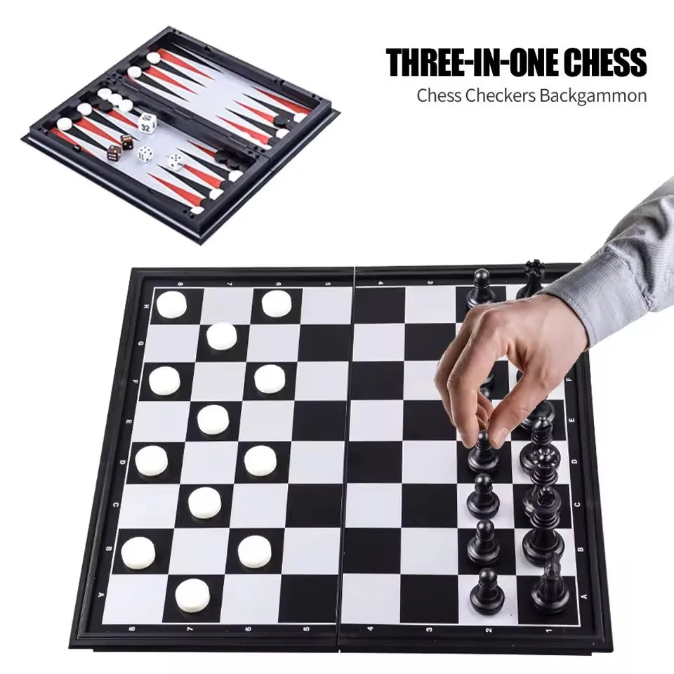 Foldable Magnetic Chess Checkers Backgammon Set - Portable 3 in 1
