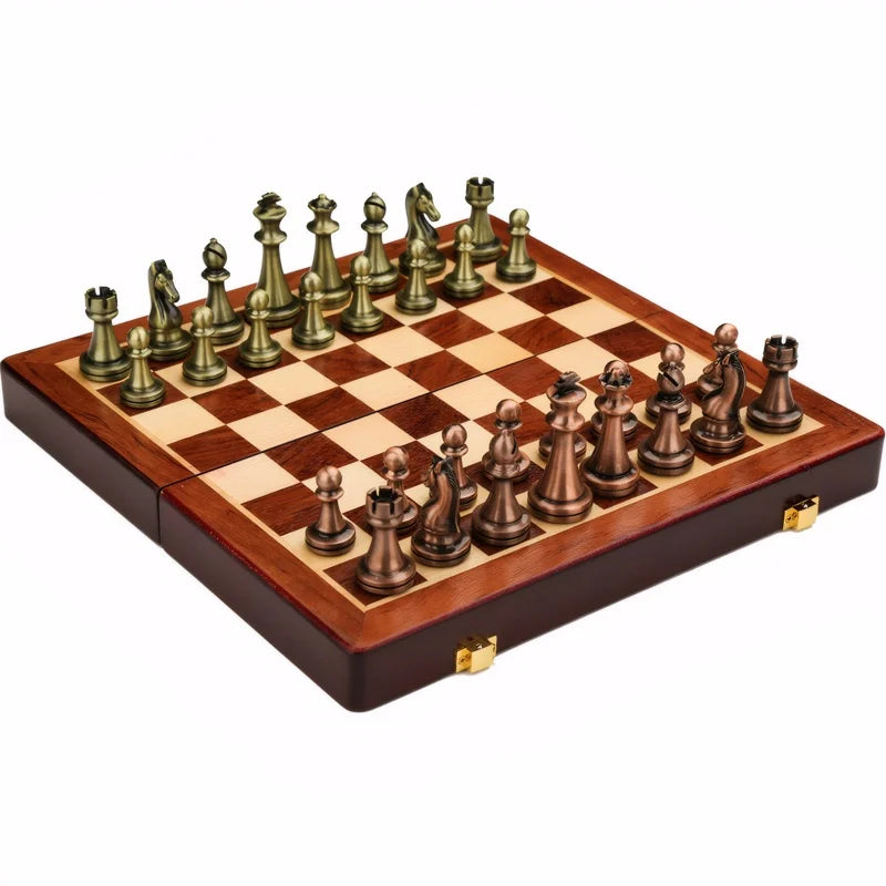 30 cm / 11.8 Zoll Antikes Bronze Klappschachspiel mit beschwerten Figuren aus Legierung – Luxusgeschenk