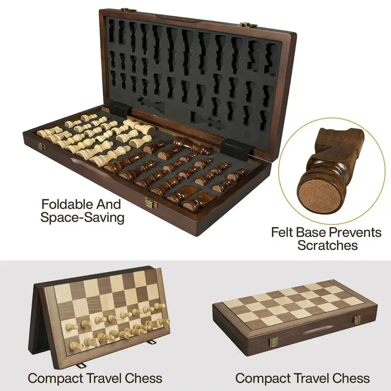 39.3cm/15.47inch magnetic wooden chess set with 2 additional queens