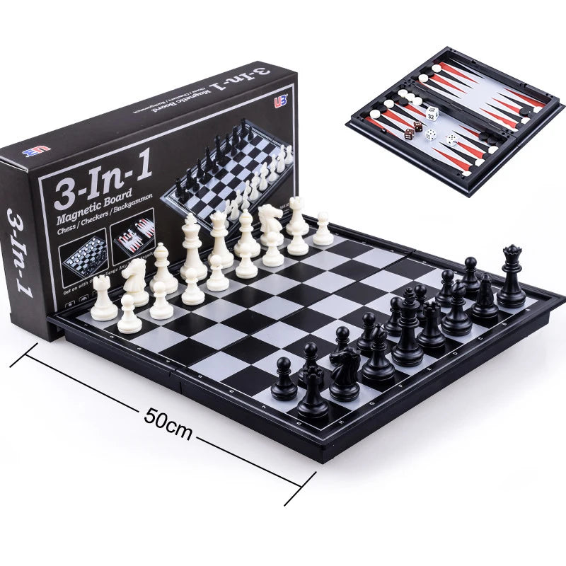 Foldable Magnetic Chess 25CM Checkers Backgammon Game Board 3-in-1