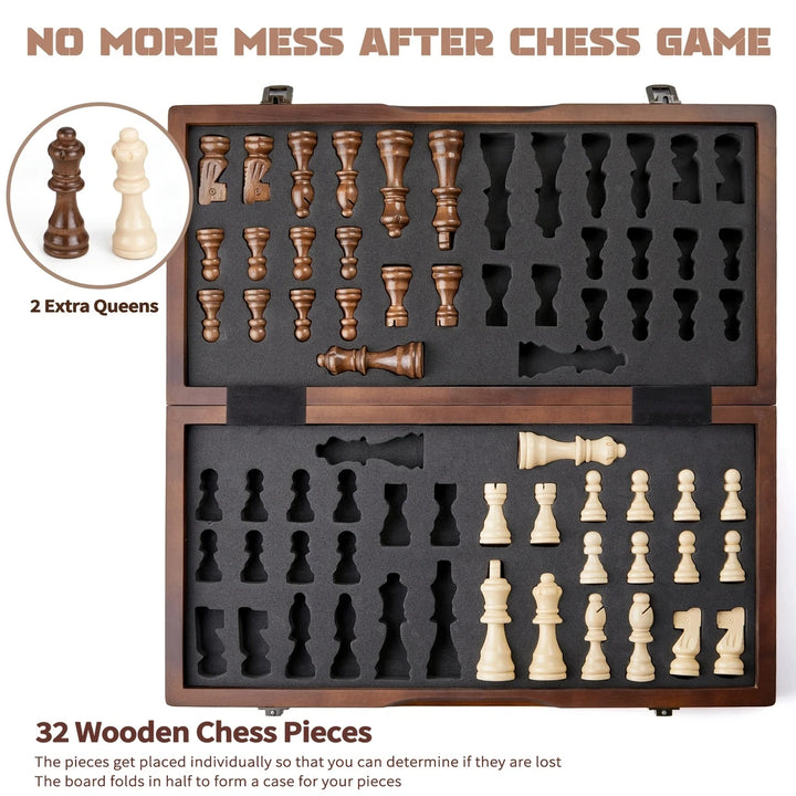 39.37cm/15.5inch magnetic wooden chess set with 2 additional queens, folding portable travel board, suitable for tournament