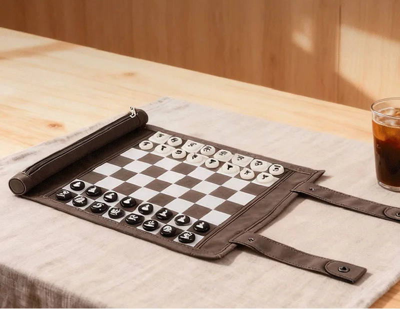 Backgammon Set PU Leather Roll-up Board with Chess Pieces