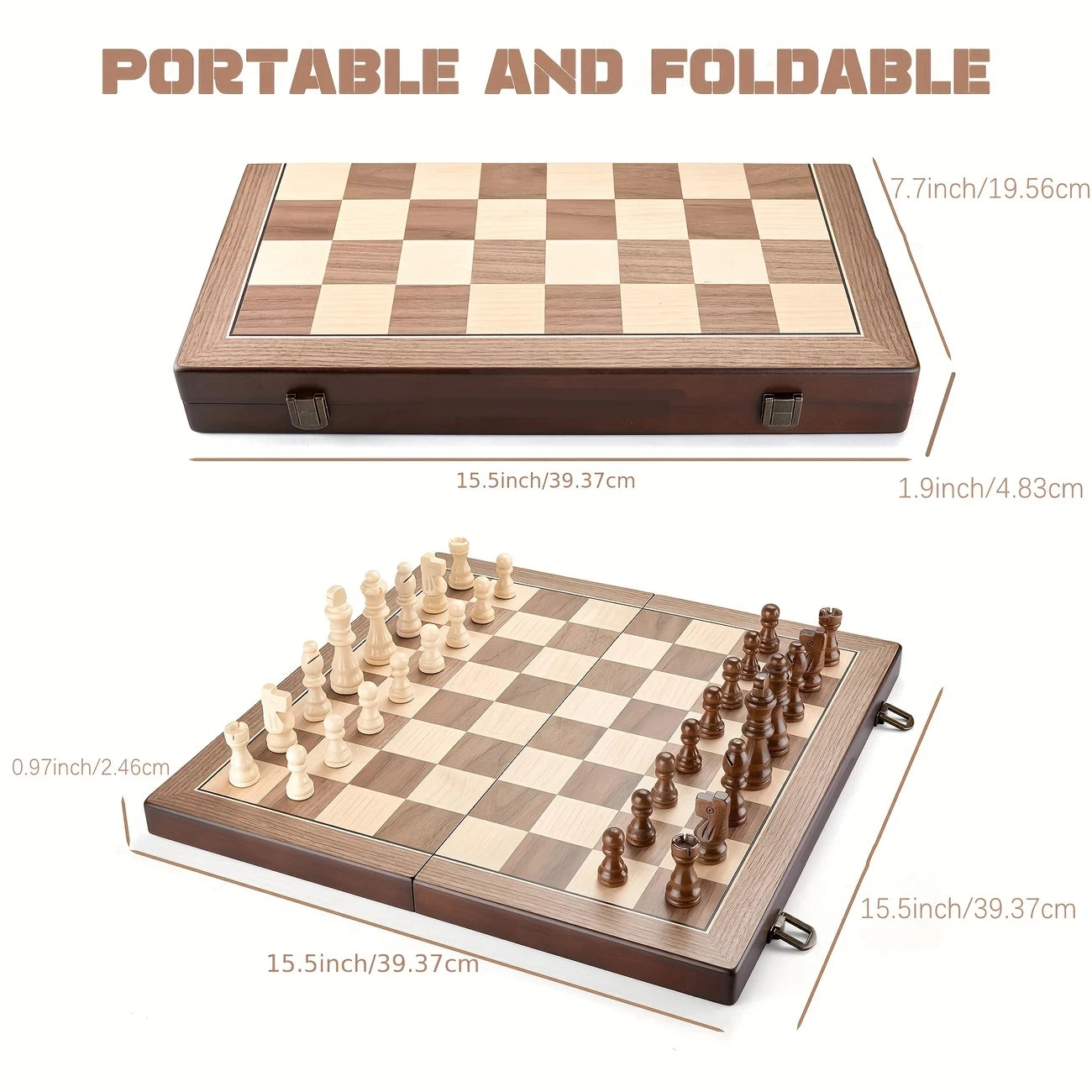 39.37cm/15.5inch magnetic wooden chess set with 2 additional queens, folding portable travel board, suitable for tournament