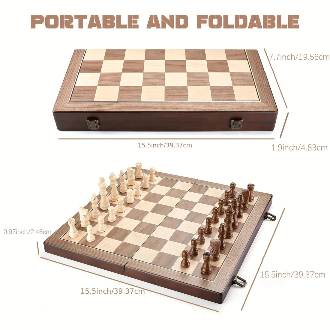 39.37cm/15.5inch magnetic wooden chess set with 2 additional queens, folding portable travel board, suitable for tournament