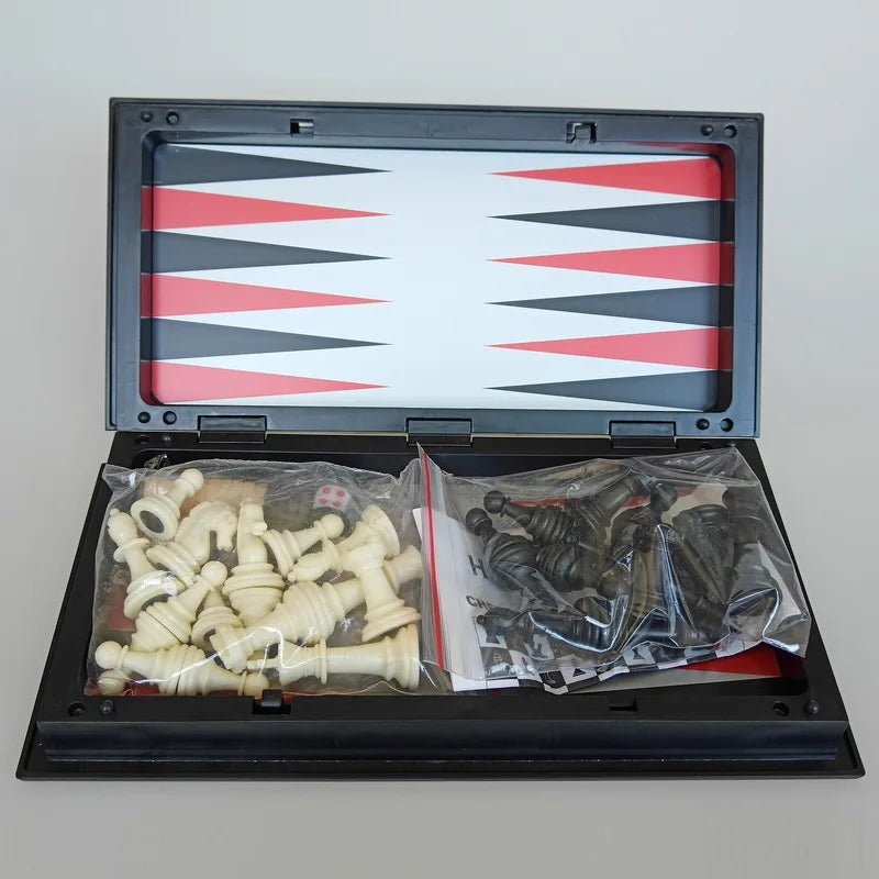 Foldable Magnetic Chess 25CM Checkers Backgammon Game Board 3-in-1