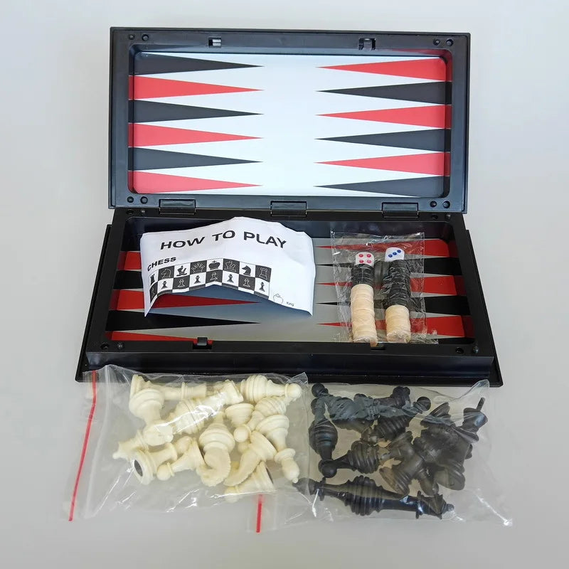 Foldable Magnetic Chess 25CM Checkers Backgammon Game Board 3-in-1
