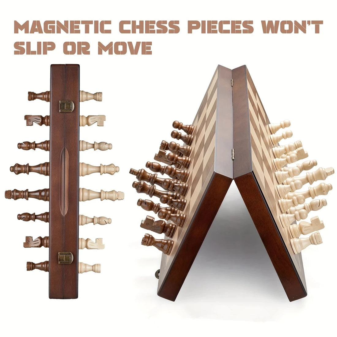 39.37cm/15.5inch magnetic wooden chess set with 2 additional queens, folding portable travel board, suitable for tournament