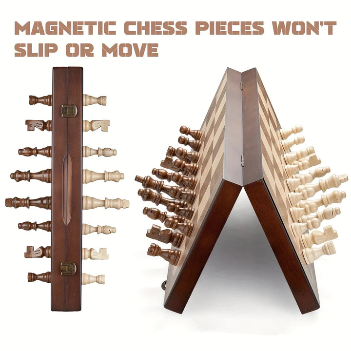 39.37cm/15.5inch magnetic wooden chess set with 2 additional queens, folding portable travel board, suitable for tournament