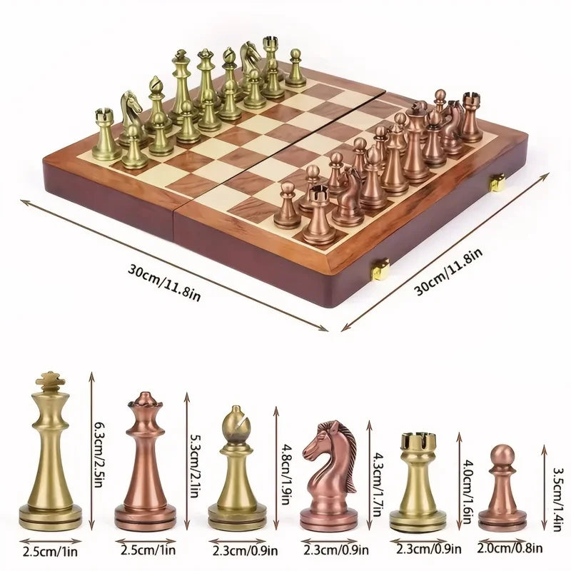 30 cm / 11.8 Zoll Antikes Bronze Klappschachspiel mit beschwerten Figuren aus Legierung – Luxusgeschenk