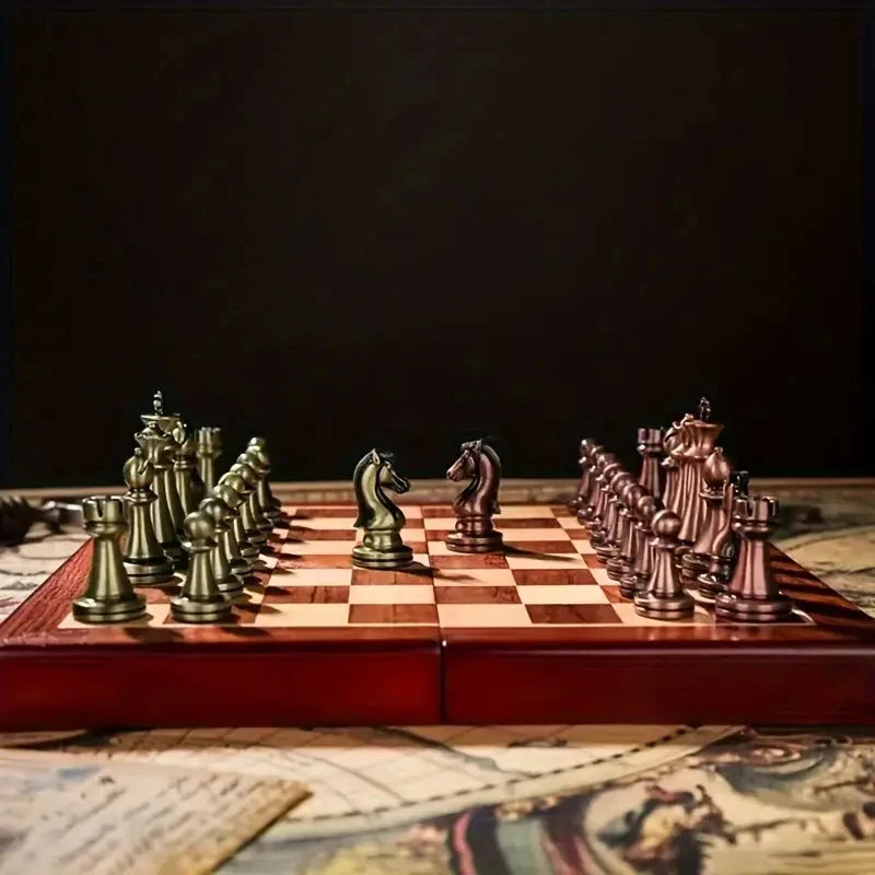 Chess Set High End 30cm/11.8inch Antique Bronze Foldable Solid Wood Box