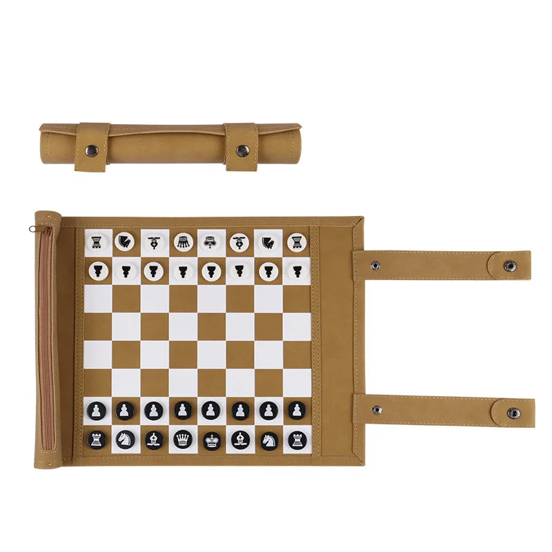 Backgammon Set PU Leather Roll-up Board with Chess Pieces