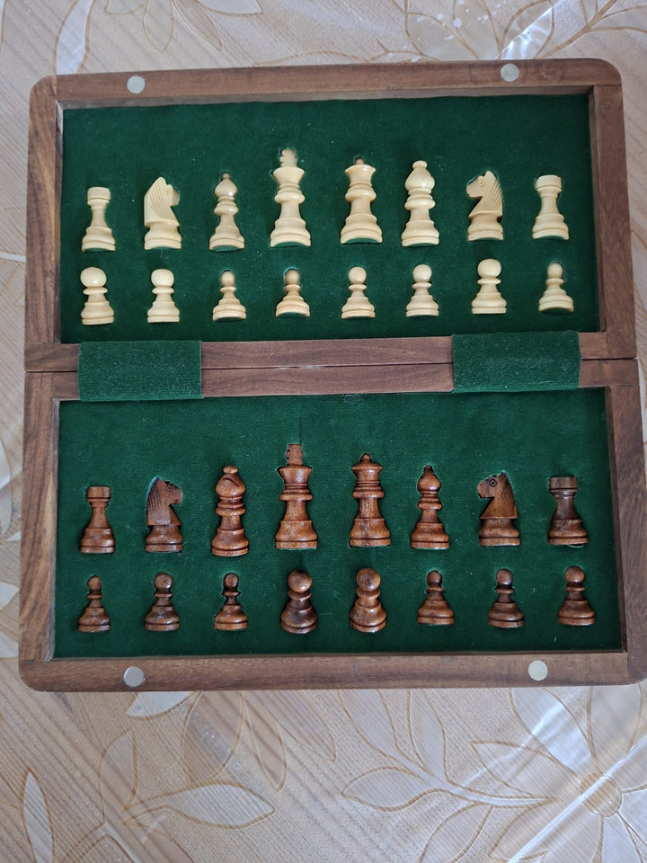 10″ Travel Folding Magnetic Chess Set – Sheesham & Maple Wood