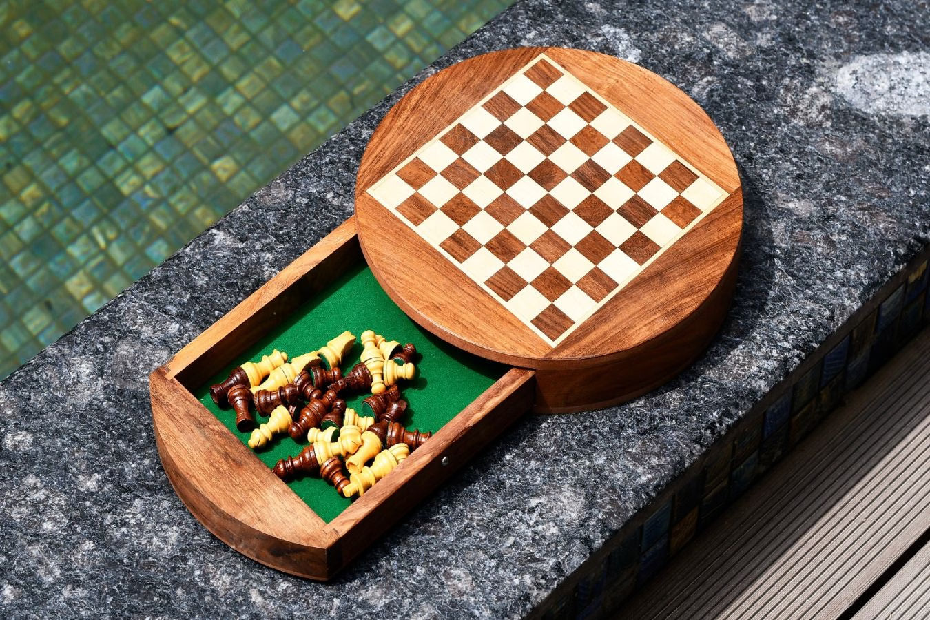 Travel Series Round Magnetic Chess Set in Sheesham & Maple - 9"