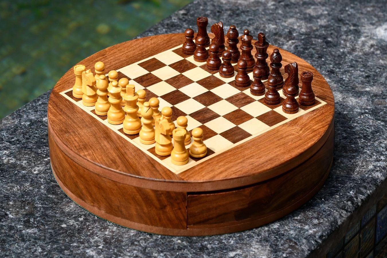 Travel Series Round Magnetic Chess Set in Sheesham & Maple - 9"