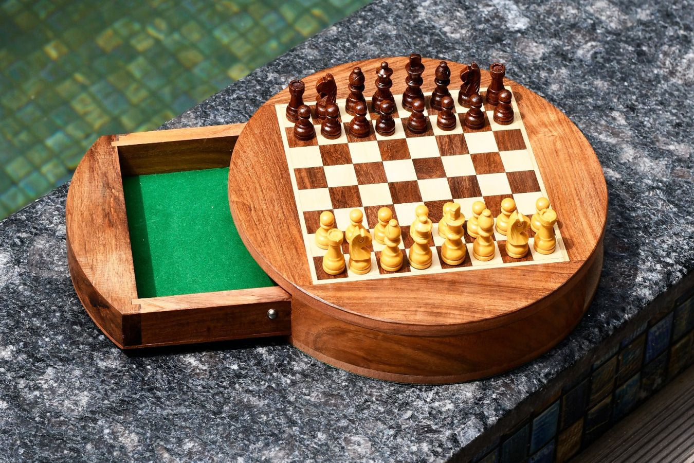 Travel Series Round Magnetic Chess Set in Sheesham & Maple - 9"