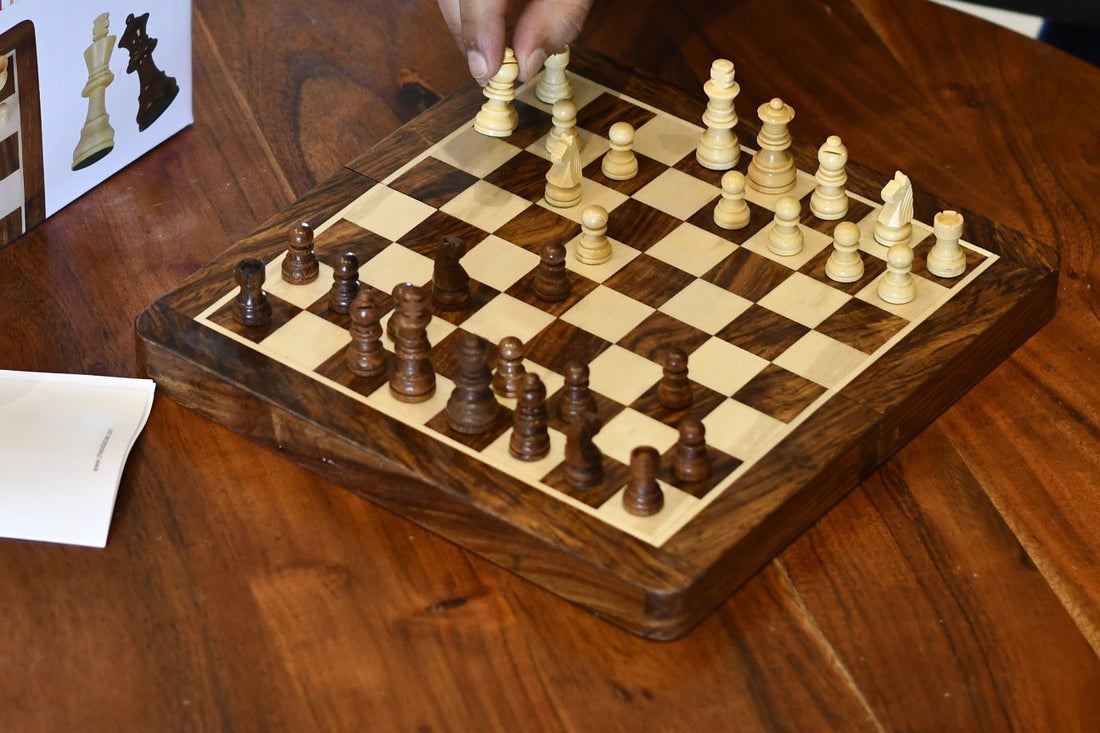 10″ Travel Folding Magnetic Chess Set – Sheesham & Maple Wood