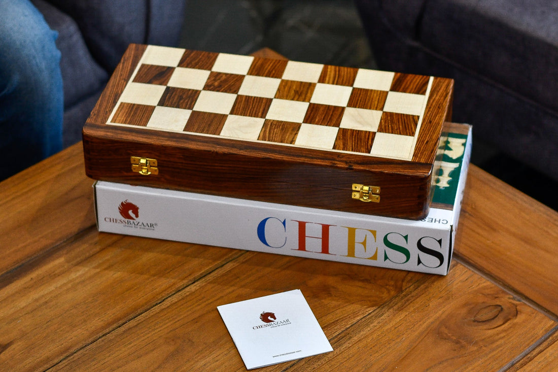 16″ Travel Folding Wooden Chess Set – Sheesham & Maple Board