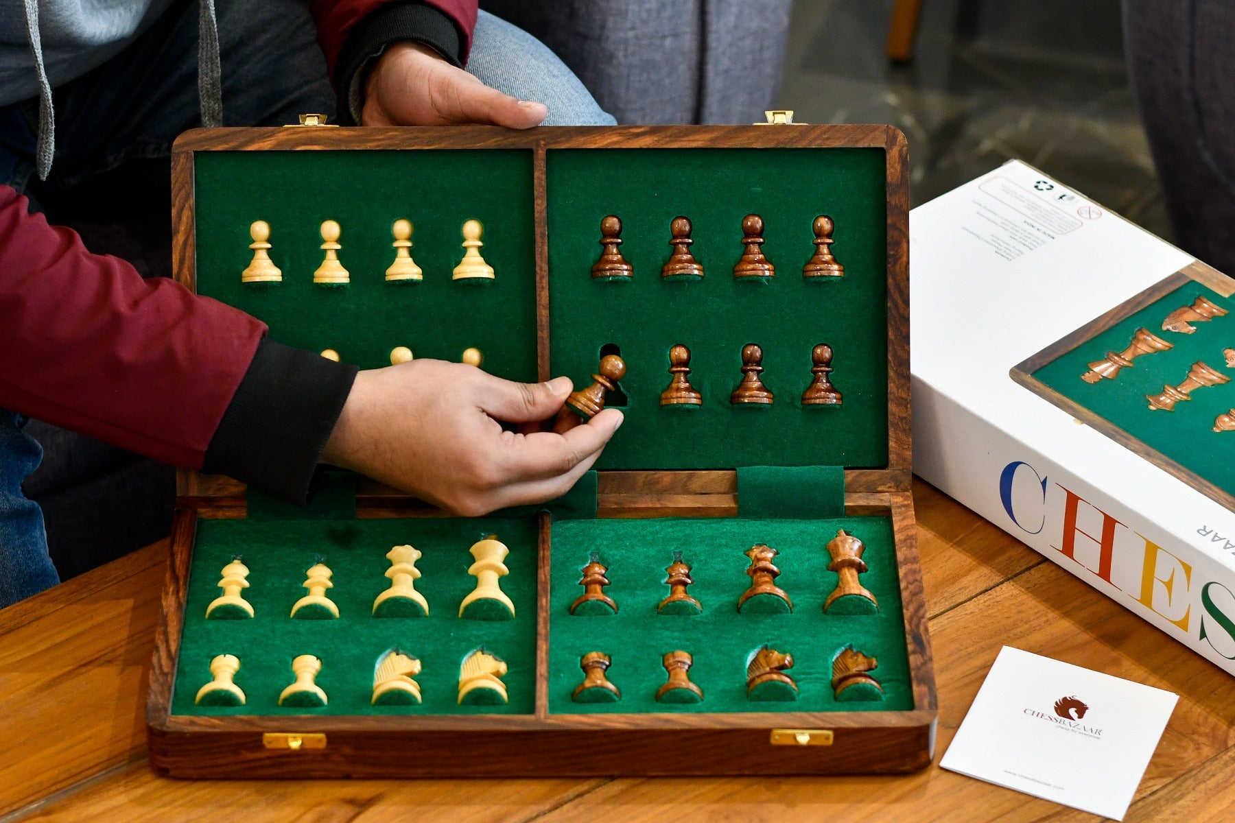 16″ Travel Folding Wooden Chess Set – Sheesham & Maple Board