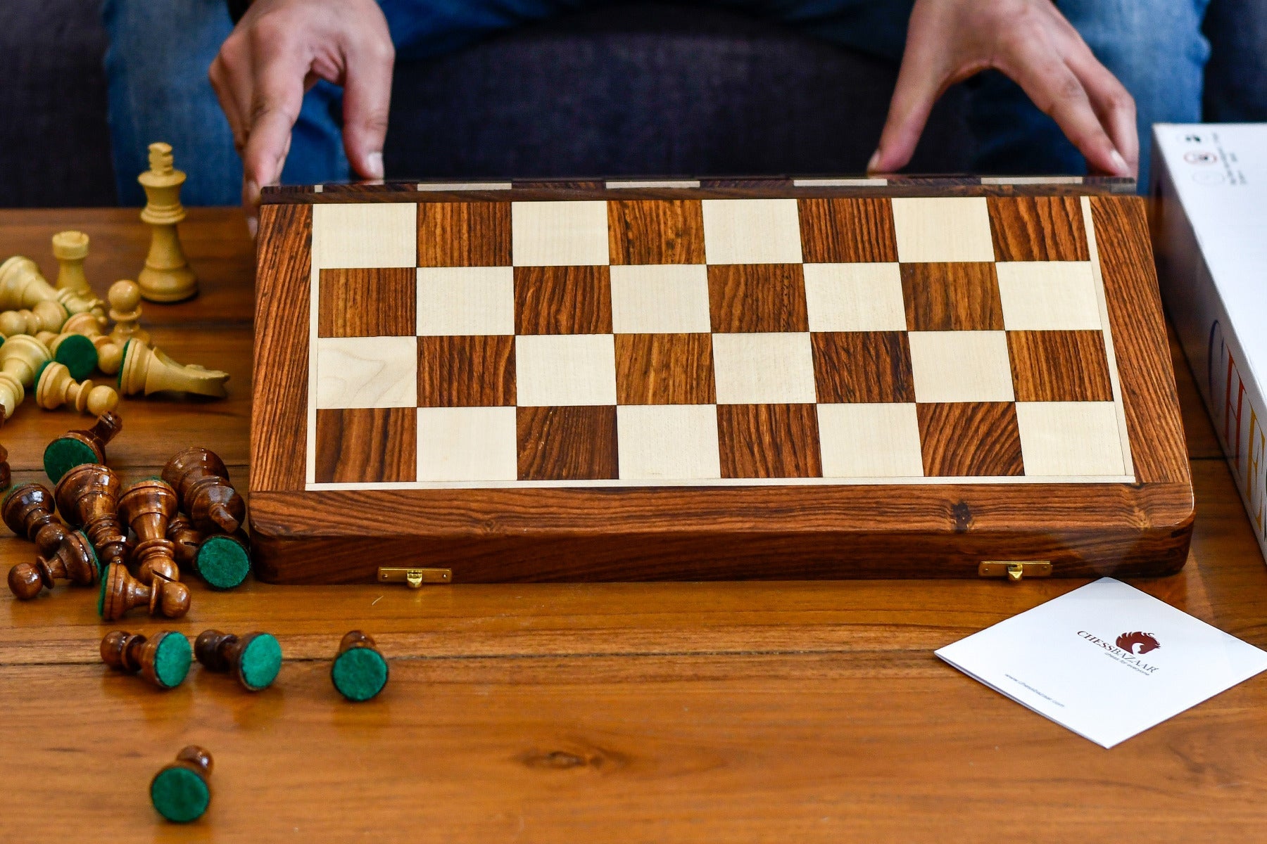 16″ Travel Folding Wooden Chess Set – Sheesham & Maple Board