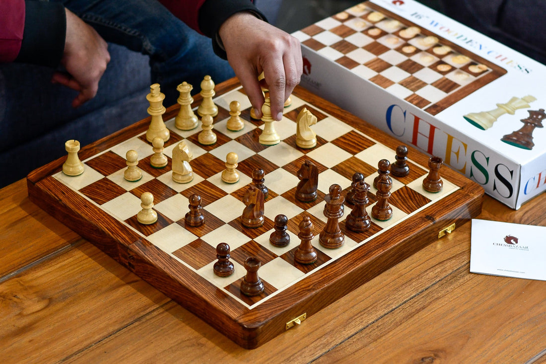 16″ Travel Folding Wooden Chess Set – Sheesham & Maple Board