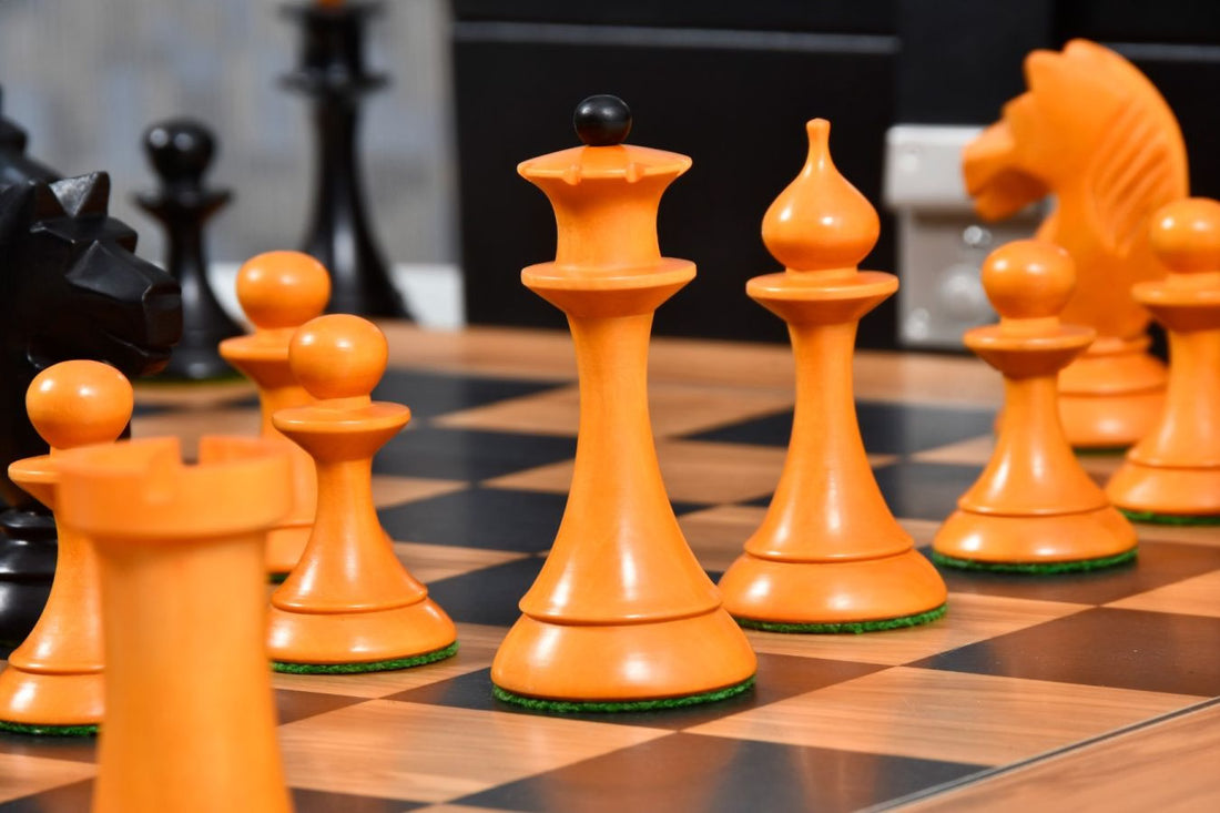 1950s Soviet Latvian Chess Set – 4.1'' King, Ebonized & Antiqued Box