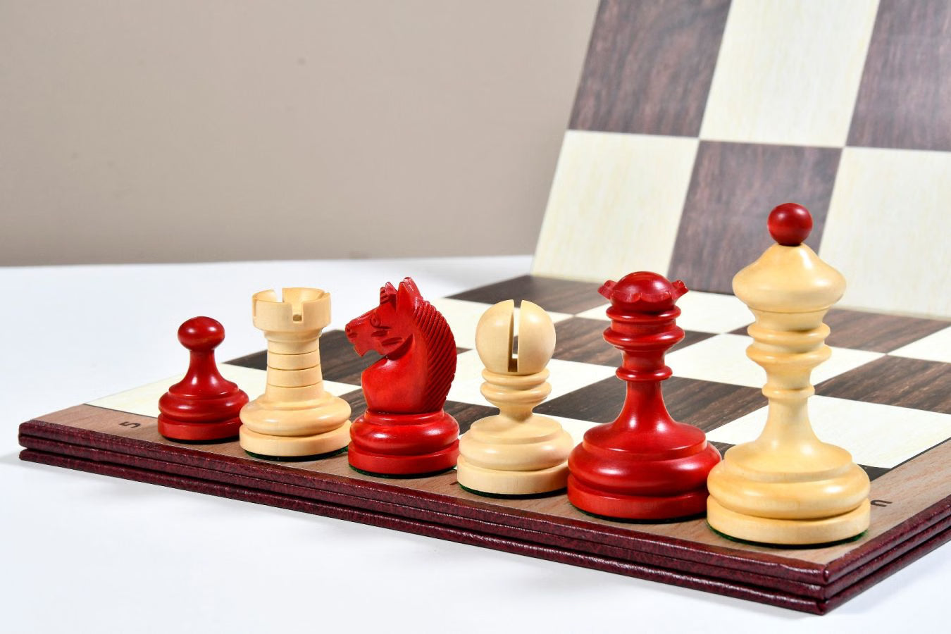 1930 Knubbel Analysis Chess Set – 3'' King, Crimson & Boxwood, Folding Board Included