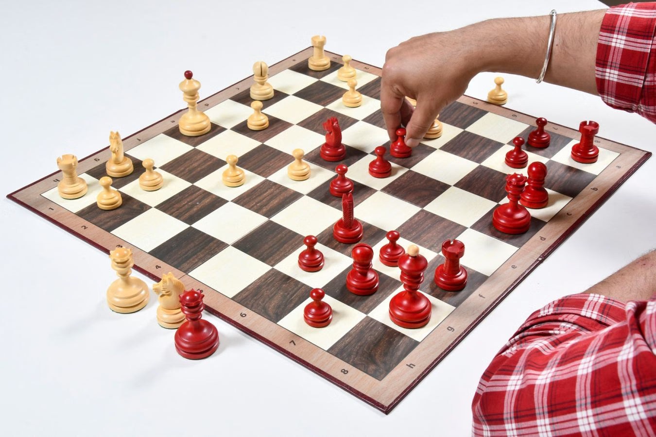 1930 Knubbel Analysis Chess Set – 3'' King, Crimson & Boxwood, Folding Board Included