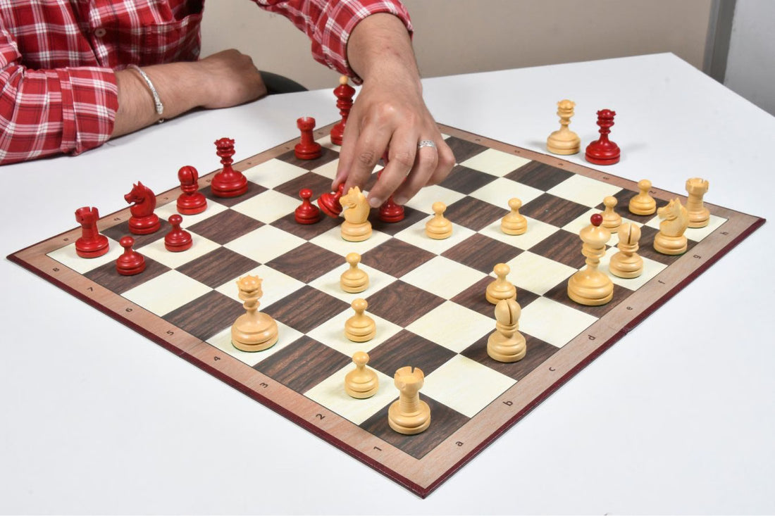 1930 Knubbel Analysis Chess Set – 3'' King, Crimson & Boxwood, Folding Board Included