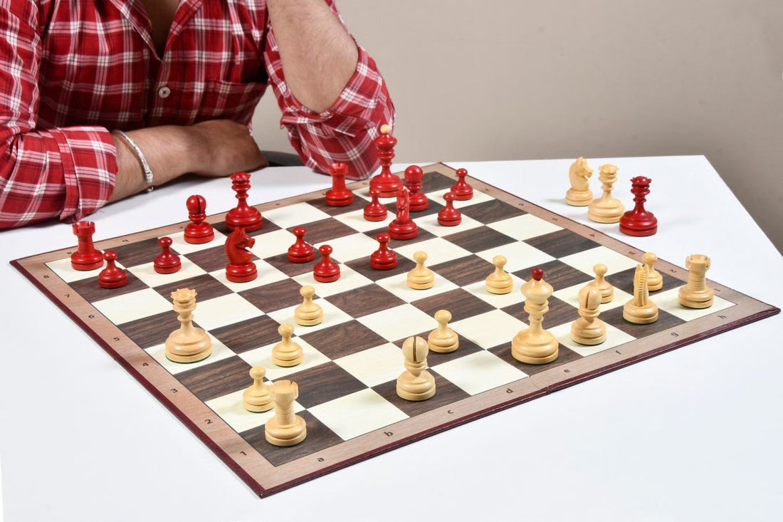 1930 Knubbel Analysis Chess Set – 3'' King, Crimson & Boxwood, Folding Board Included