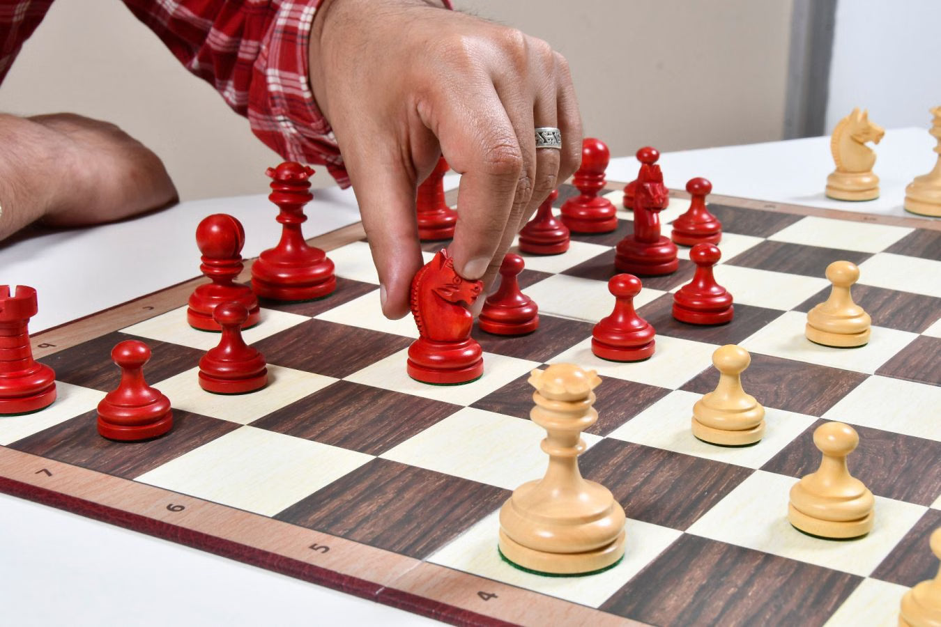 1930 Knubbel Analysis Chess Set – 3'' King, Crimson & Boxwood, Folding Board Included