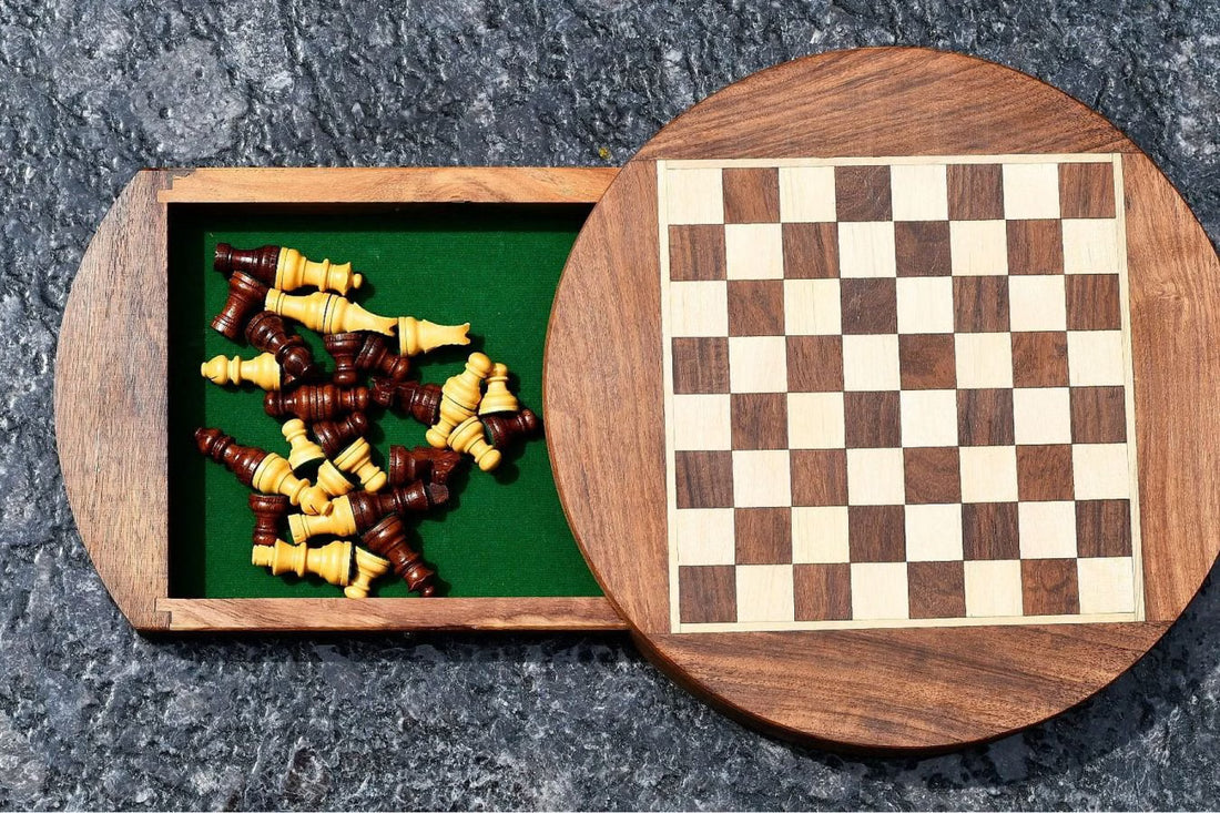 Travel Series Round Magnetic Chess Set in Sheesham & Maple - 9"