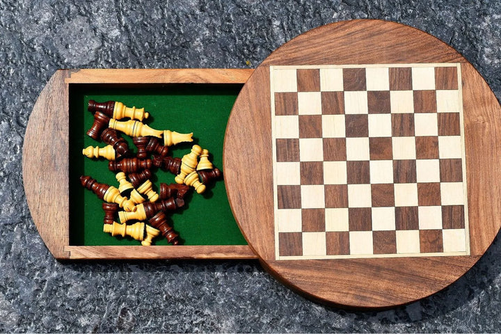 Travel Series Round Magnetic Chess Set in Sheesham & Maple - 9"