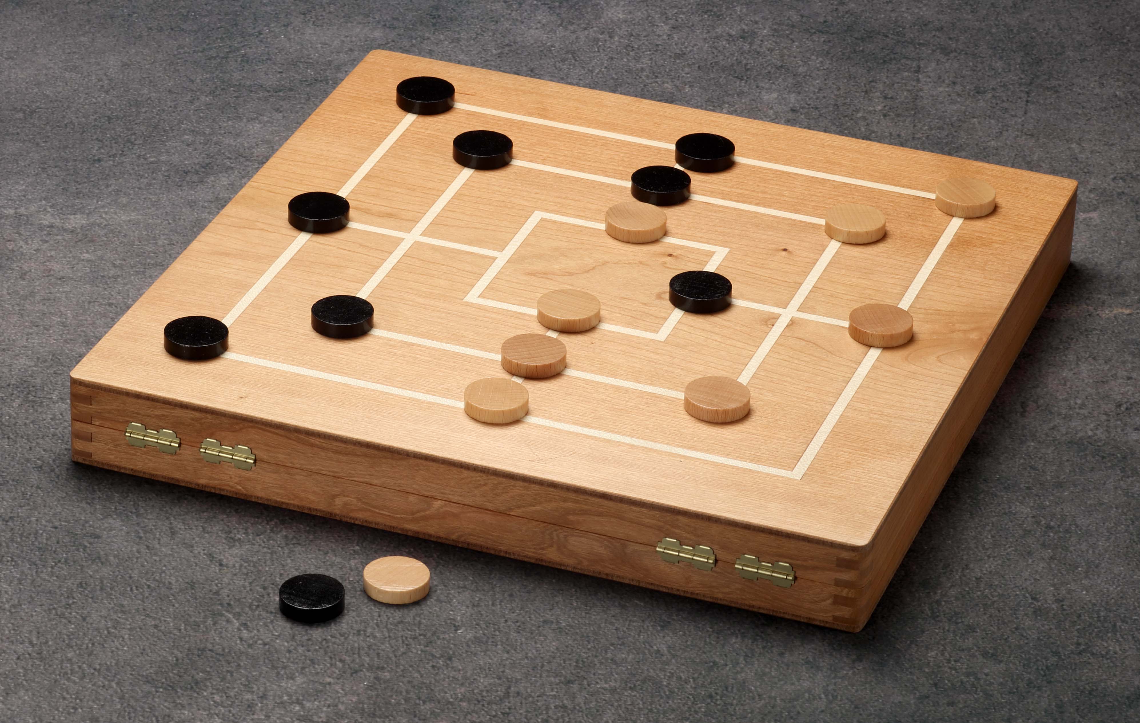 Large cherry wood game collection with chess, checkers, mill, and backgammon